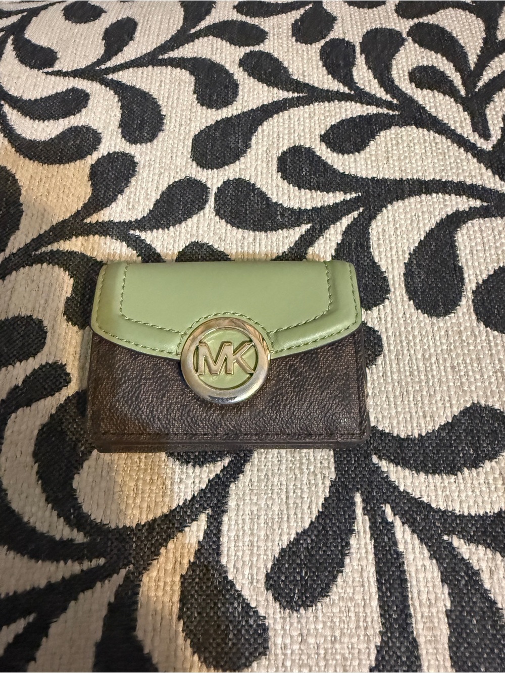 Michael Kors Green and Brown Leather Card Wallet with MK Medallion